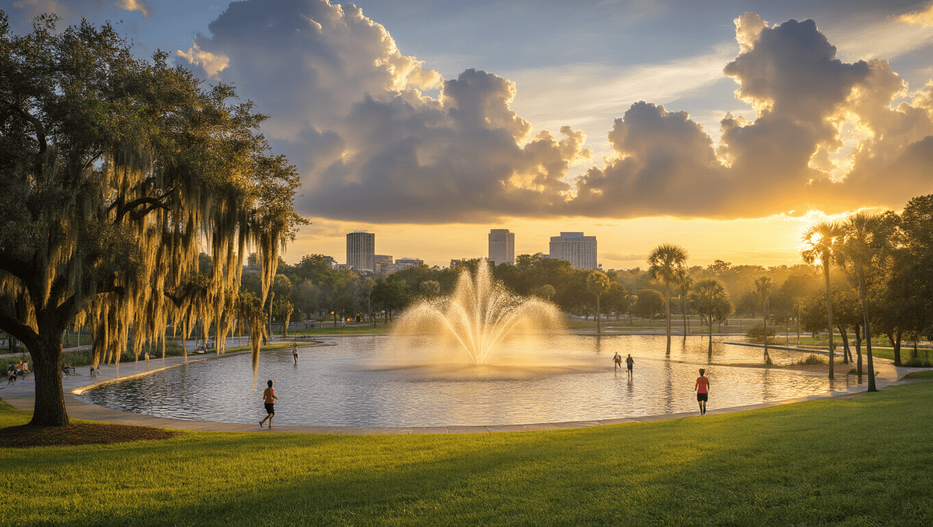 "Sunrise over Tallahassee's Cascades Park showcasing interactive water fountain, Spanish moss-draped oak trees, dewy grass, joggers, approaching storm clouds, and city skyline in background."