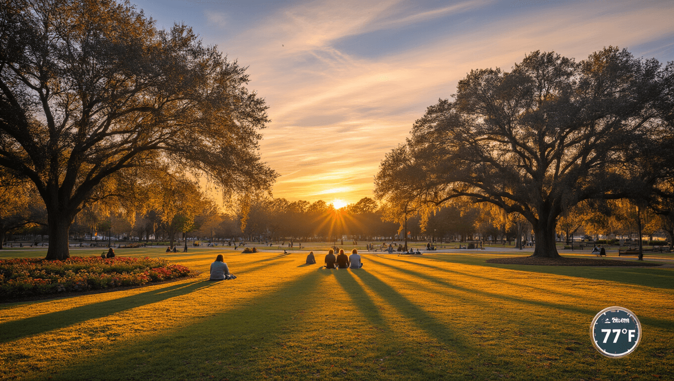 "Crowd enjoying the golden hour at Cascades Park, Tallahassee with fall flowers in bloom and autumn-colored oak trees in the background during a warm November sunset"