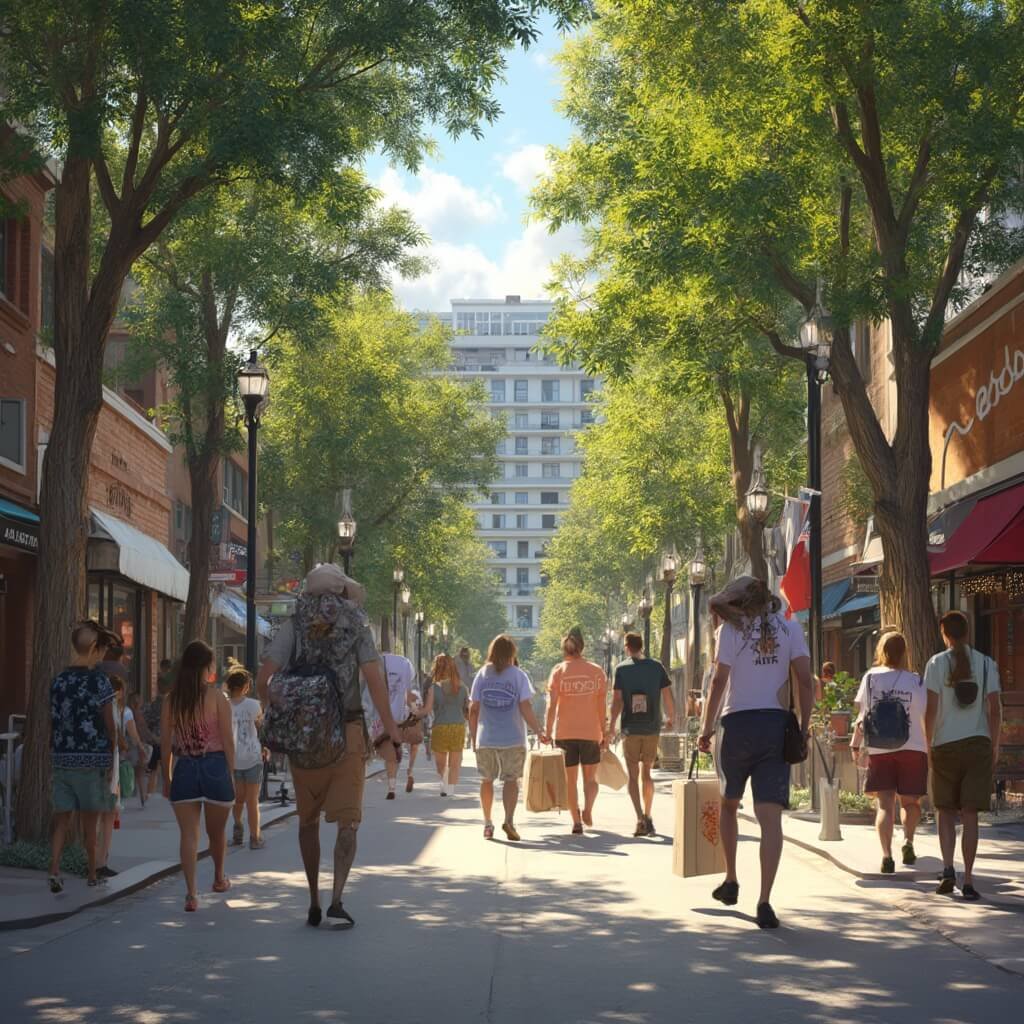 Bustling college town street in Tallahassee on move-in day with students, families, local cafes, welcome banners, modern apartments, and lush trees under warm summer light.
