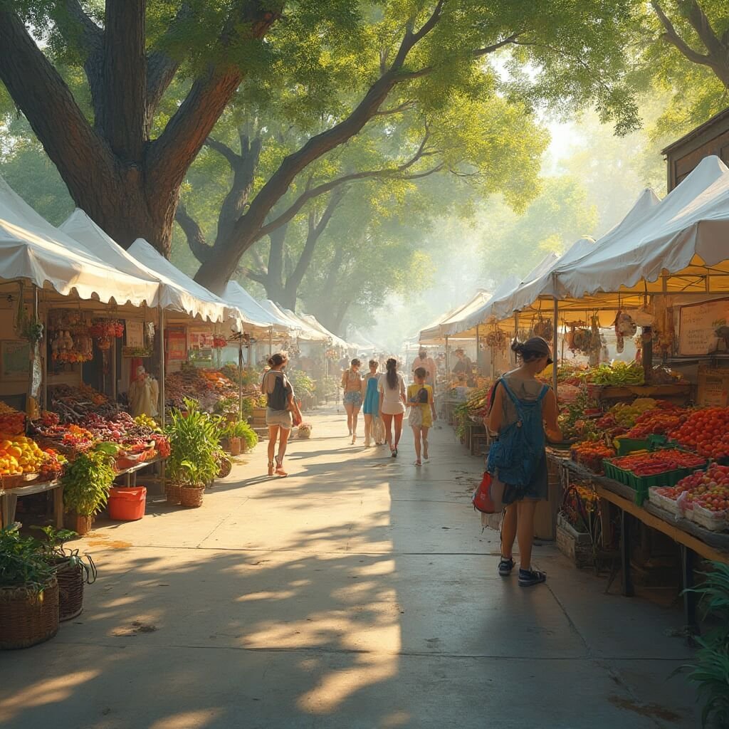 Vibrant summer farmers market in Tallahassee with colorful produce stands, local vendors selling fresh produce, families browsing, and sunlight filtering through oak trees in a humid atmospheric setting