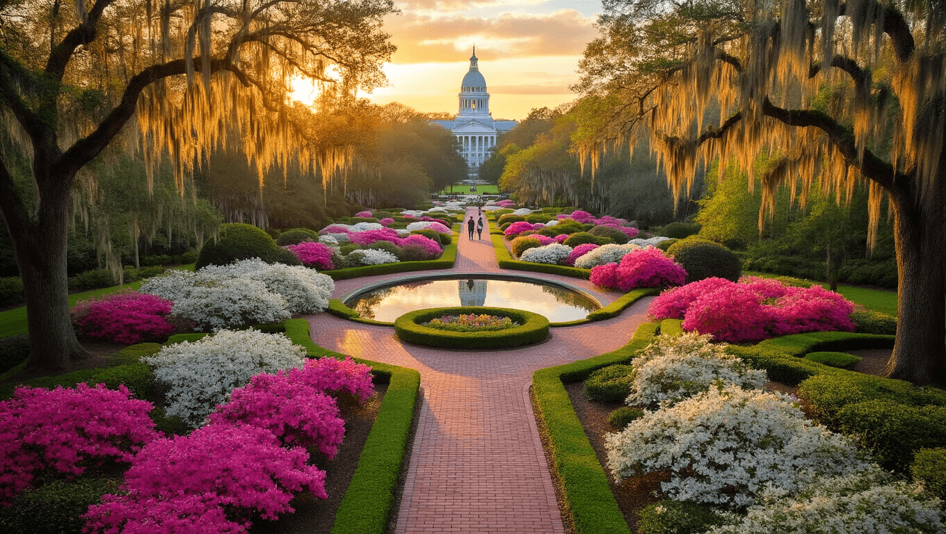 "Aerial view of Alfred B. Maclay Gardens State Park in spring bloom with pink and white azaleas, brick pathways, reflection pools, Spanish moss-draped oak trees, under a golden sunset with the State Capitol in the background"