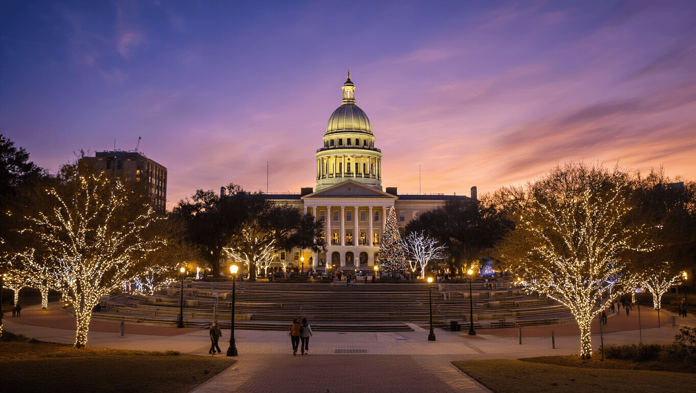 "Downtown Tallahassee cityscape featuring illuminated Capitol building and decorated Cascades Park under a golden-purple sunset sky in December, with people in light jackets strolling and parade preparations visible in the background"