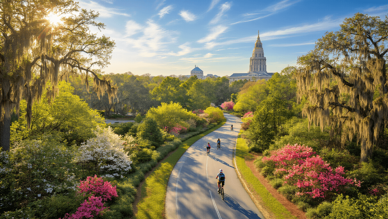 "Aerial view of Tallahassee in spring, featuring Alfred B. Maclay Gardens State Park in bloom, cyclists on St. Marks Trail, the State Capitol building, and Cascades Park under a clear sky during golden hour."