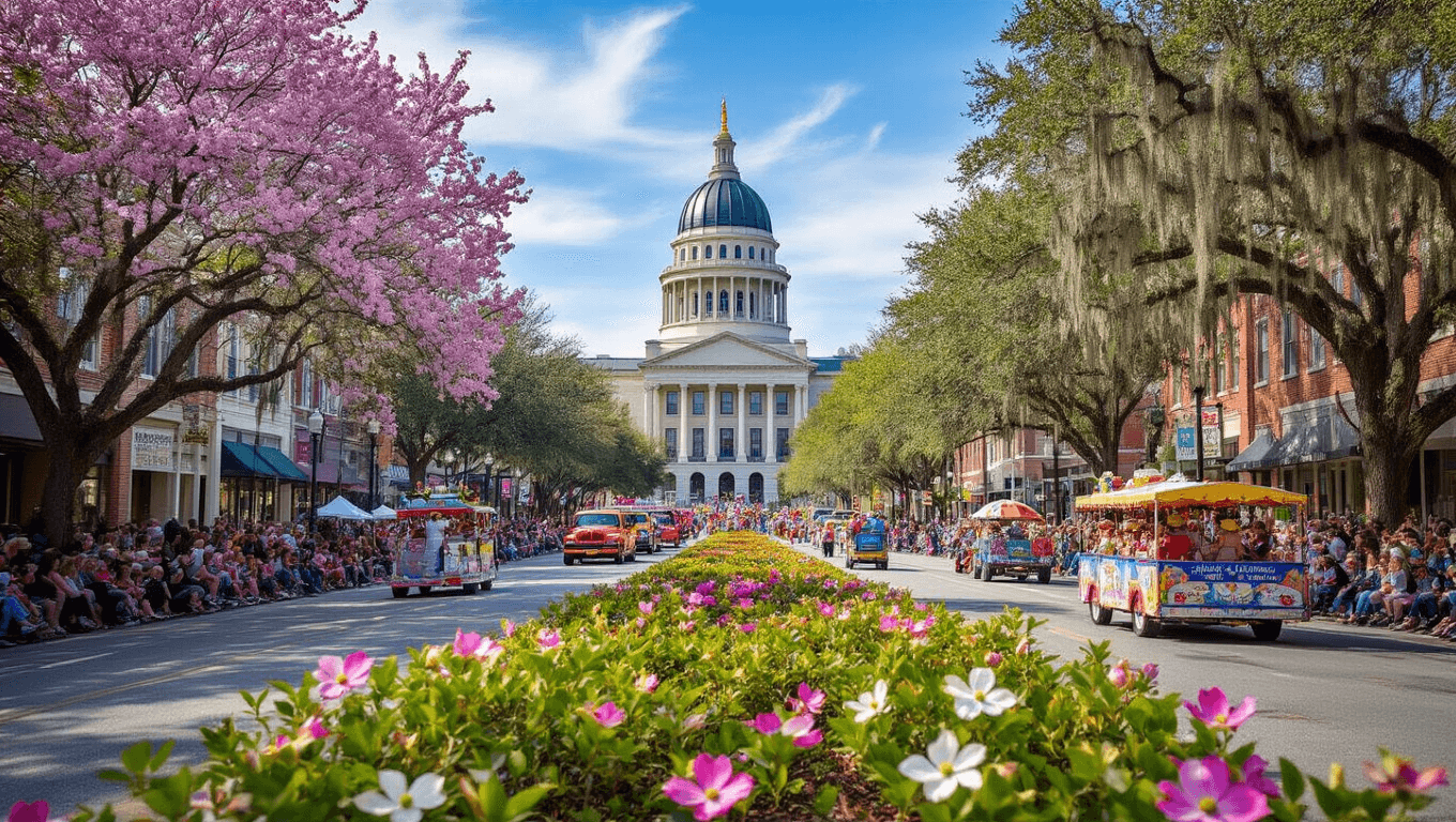 "Panoramic view of a spring parade in downtown Tallahassee with blooming flowers, historic Capitol building, festive floats, performers, street vendors, and spectators under a blue sky with wispy clouds."