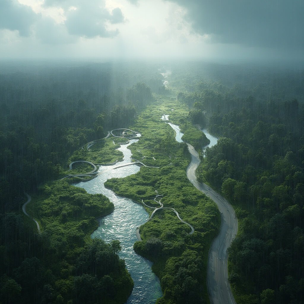 Aerial view of Tallahassee's stormwater management system during heavy rain, displaying a complex web of drainage systems amidst green infrastructure and modern retention ponds reflecting cloudy skies in high detail with dramatic lighting.
