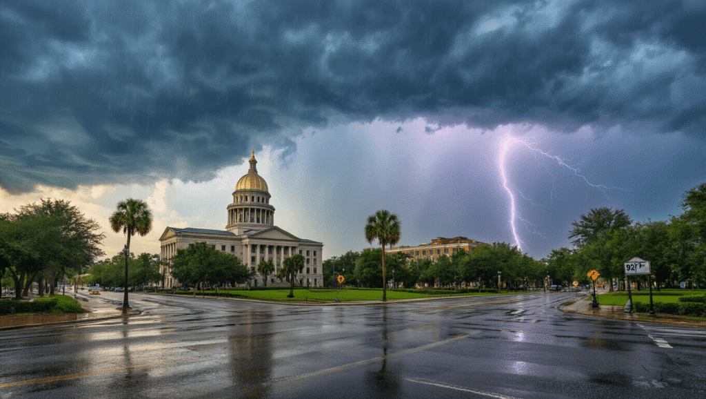 Tallahassee in July: Your Sweaty, Stormy Summer Adventure Guide "Downtown Tallahassee under a dramatic summer thunderstorm, with dark clouds, lightning, and rain curtain, with the Florida State Capitol in the background, palm trees swaying, and thermometer reading 92°F in the corner."