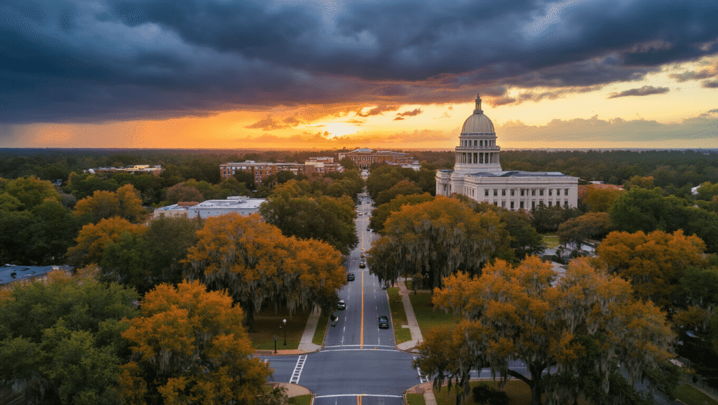 Tallahassee in September: Your Ultimate Survival Guide to North Florida's Hidden Autumn Gem "Aerial view of Tallahassee at sunset featuring FSU campus, Florida State Capitol building, autumn oak trees, and storm clouds, with hints of St. Marks Wildlife Refuge in the distance."