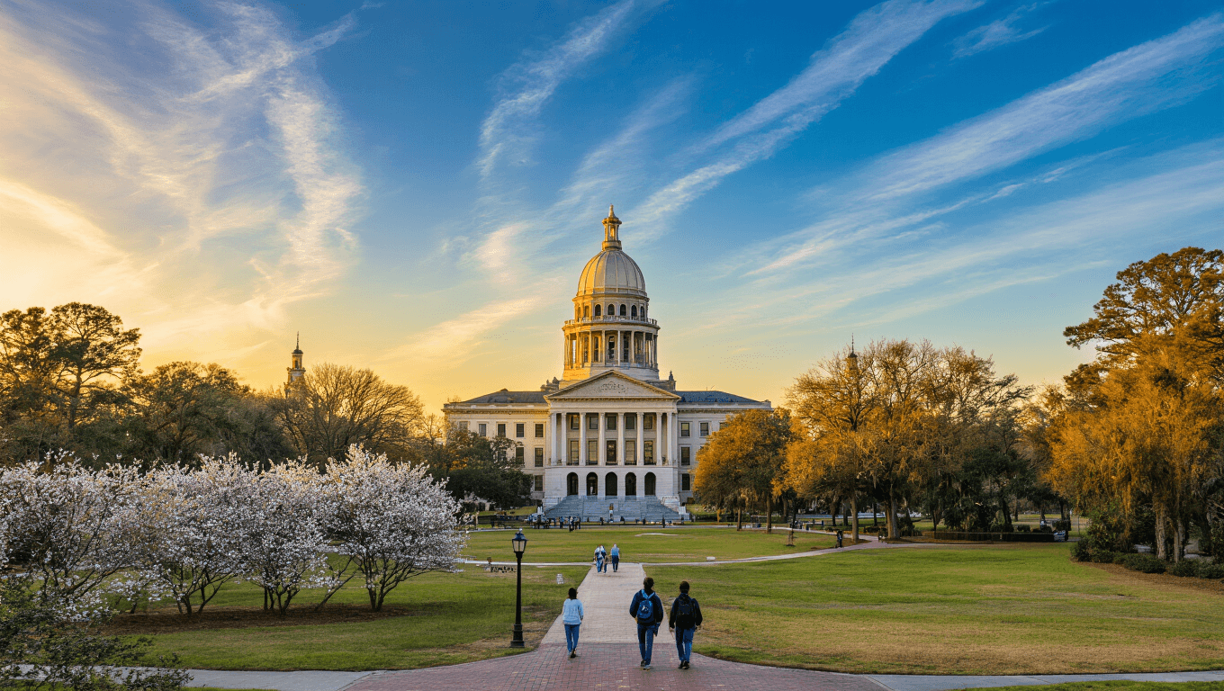 "Panoramic view of Tallahassee at sunset in February, highlighting the Florida State Capitol building, students near Cascade Park, and distant Alfred B. Maclay Gardens, under a sky with wispy clouds and a temperature display of 65°F."