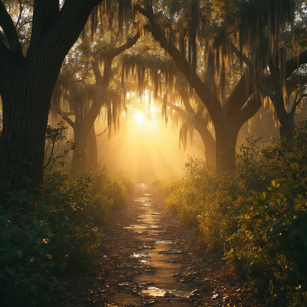 Detailed sunset view of a serene Tallahassee nature trail with sophisticated drainage systems, drought-resistant native plants, rain gardens with water collection systems, under the golden hour lighting through Spanish moss-draped oak trees and atmospheric haze.