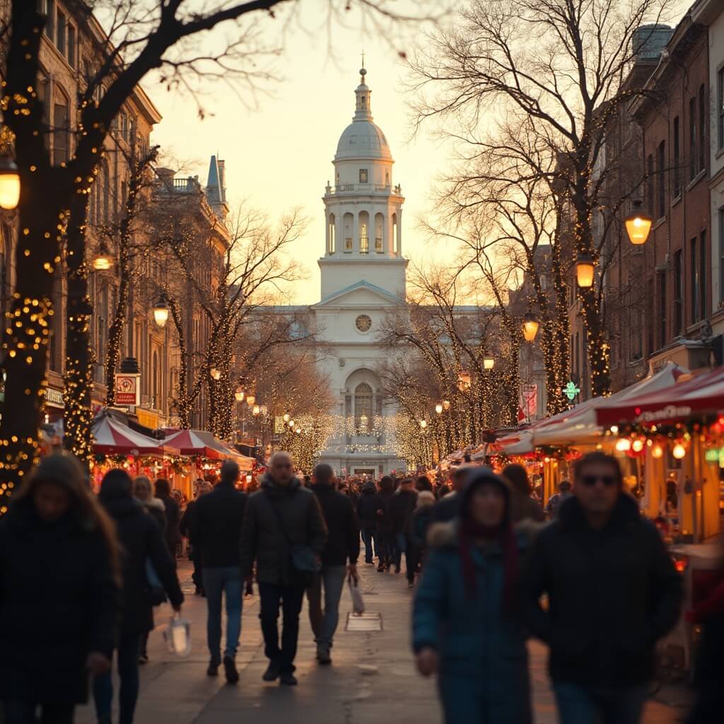 Winter Festival in downtown Tallahassee with holiday decorations, people in light winter clothing, twinkling lights, historic government buildings, food stalls and festive atmosphere under a warm sunset.