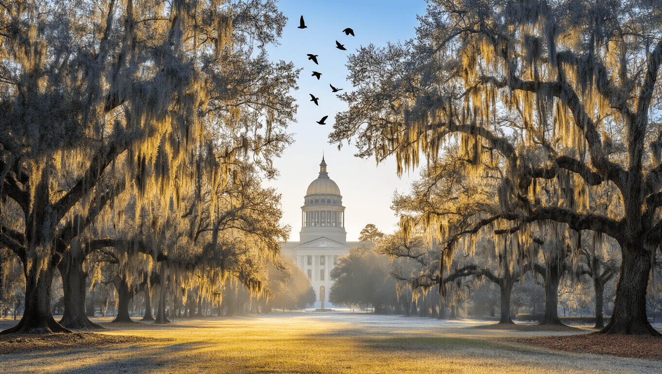 "Winter morning scene in Tallahassee with frosty canopy roads, moss-draped oak trees, State Capitol building in background, and migratory birds soaring in the blue sky"
