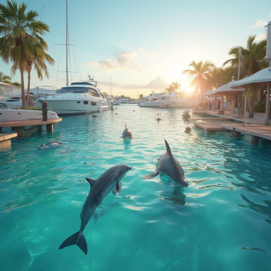 Cape Coral in June: Your Ultimate Subtropical Paradise (With a Few Tropical Twists!) Serene morning at Tarpon Point Marina with playful dolphins, luxury yachts, long shadows from sunrise, and swaying palm trees in 8k resolution