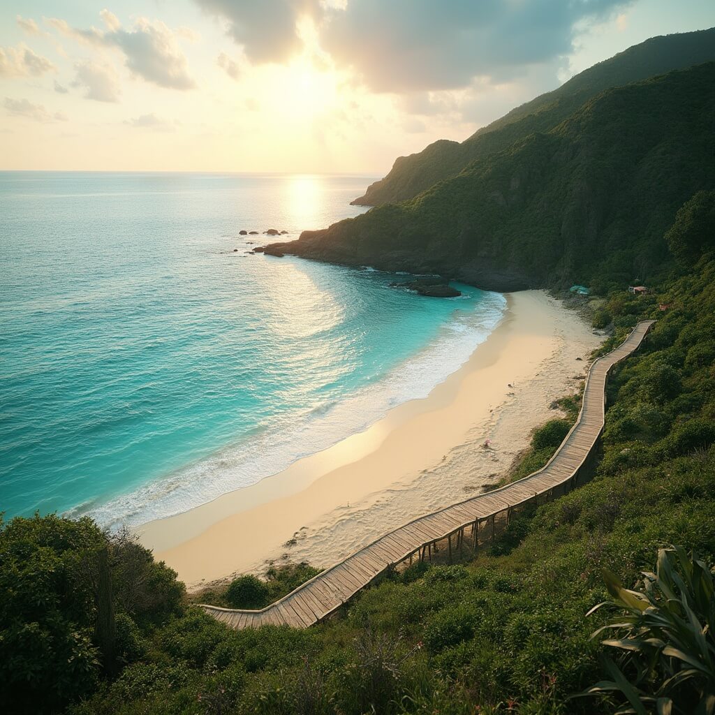 Sunrise on a pristine, sandy beach with lush tropical vegetation, wooden boardwalk, and clear turquoise water in a serene, untouched environment