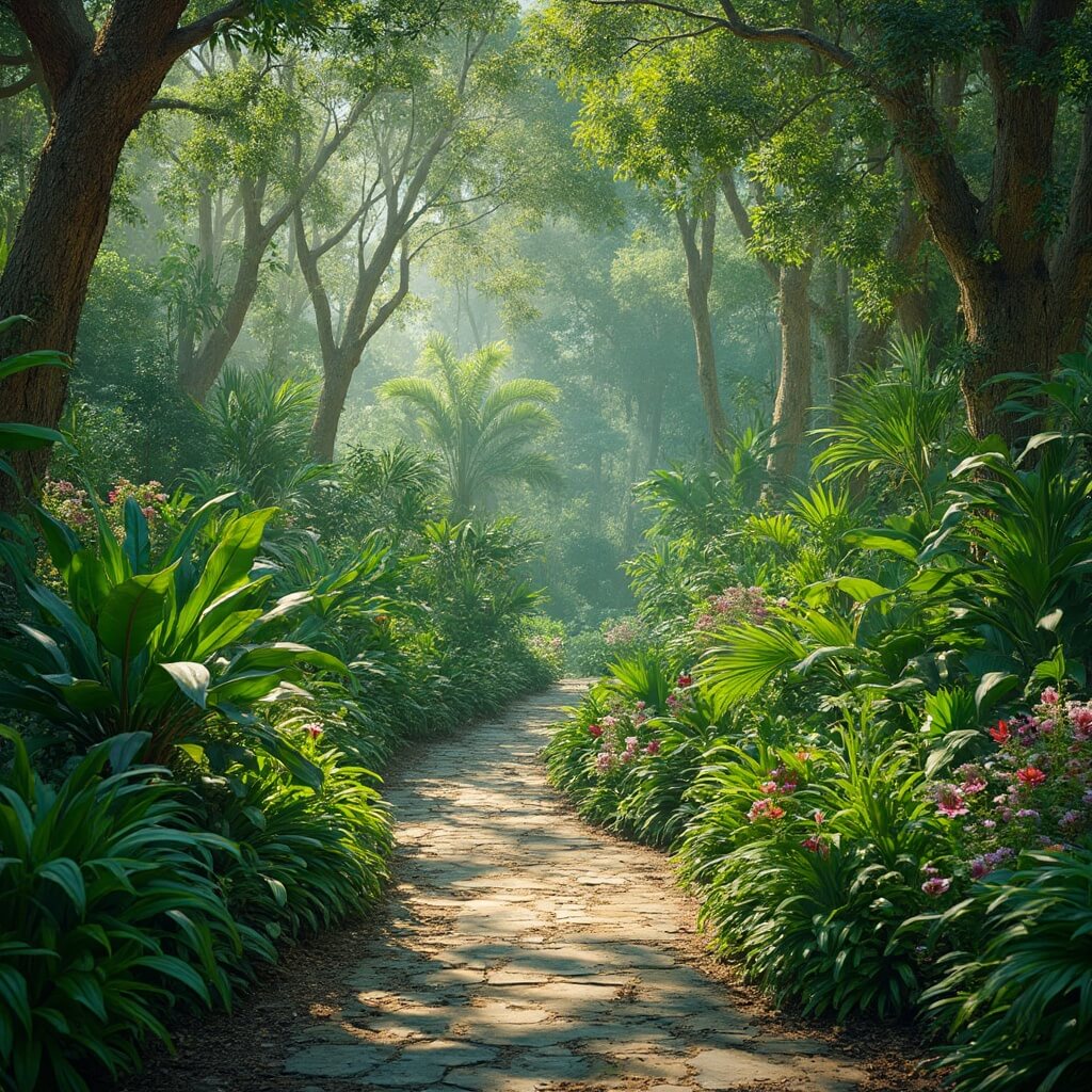 Lush tropical botanical garden with vibrant vegetation and flowering plants in Port St. Lucie, Florida under soft sunlight