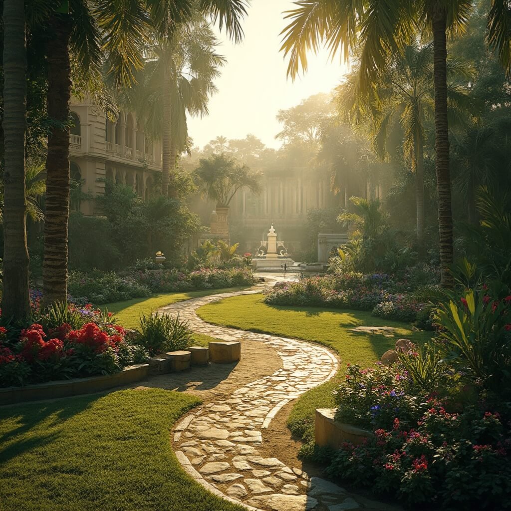 Why Lakeland, Florida in May Will Blow Your Mind: A Local's Ultimate Guide Sunrise over a serene botanical garden with lush tropical plants, ornate fountains, winding pathways, there are dramatic shadows on manicured lawns, classical architecture, stone benches, and vibrant red and purple flower beds, with dew drops sparkling on leaves in the golden light.