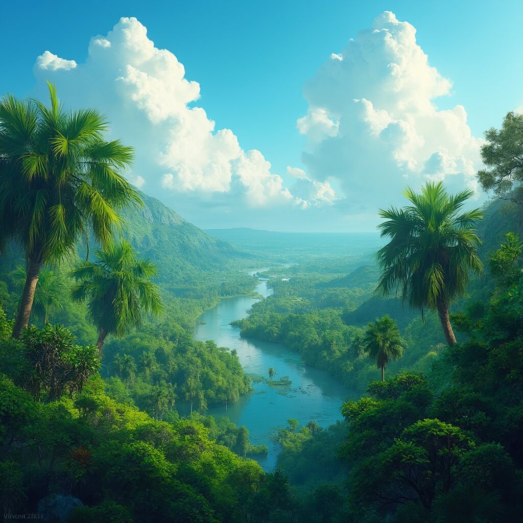 Scorching Sun, Tropical Rains: Your Ultimate Guide to Port St. Lucie in June 🌴🌦️ Aerial view of Port St. Lucie's vibrant tropical landscape with lush botanical gardens, sunlit palm trees, a winding river, and dramatic clouds in a bright blue sky