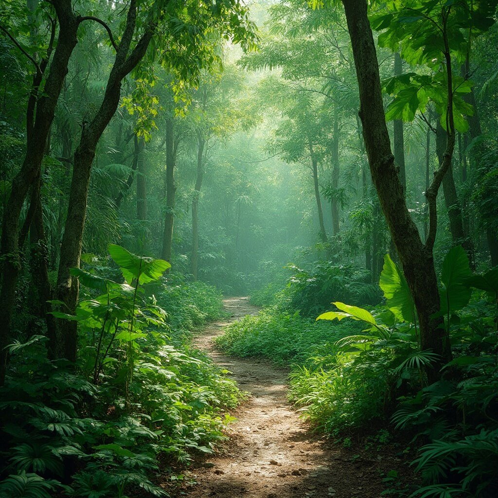 Winding trail through lush greenery at Hugh Taylor Birch State Park with sunlight filtering through tree canopy and glimpses of small wildlife in the distance
