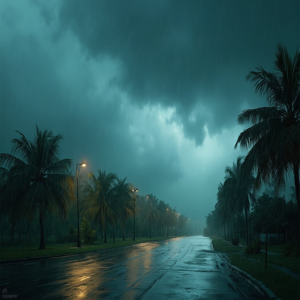 Weather Warning: Port St. Lucie's September Survival Guide - What They Don't Want You to Know! Dramatic afternoon thunderstorm over tropical landscape of Port St. Lucie with dark clouds, lush palm trees, wet streets and water droplets in the air under cinematic lighting.