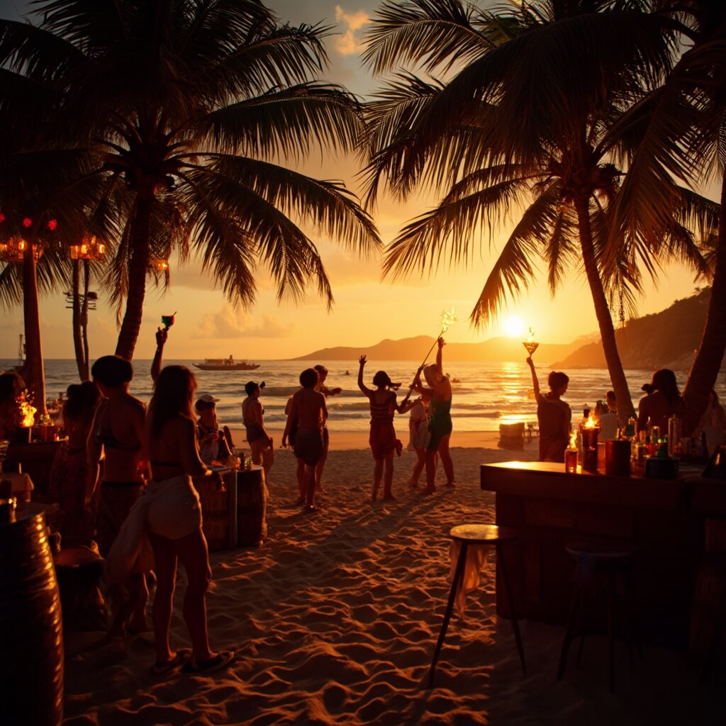 Sizzling Secrets: Why Panama City Beach in July Will Blow Your Mind (And Melt Your Worries Away) Silhouetted figures dancing at a vibrant beachfront bar during sunset, surrounded by tiki torches, palm trees, and tropical cocktails, with ocean waves in the background