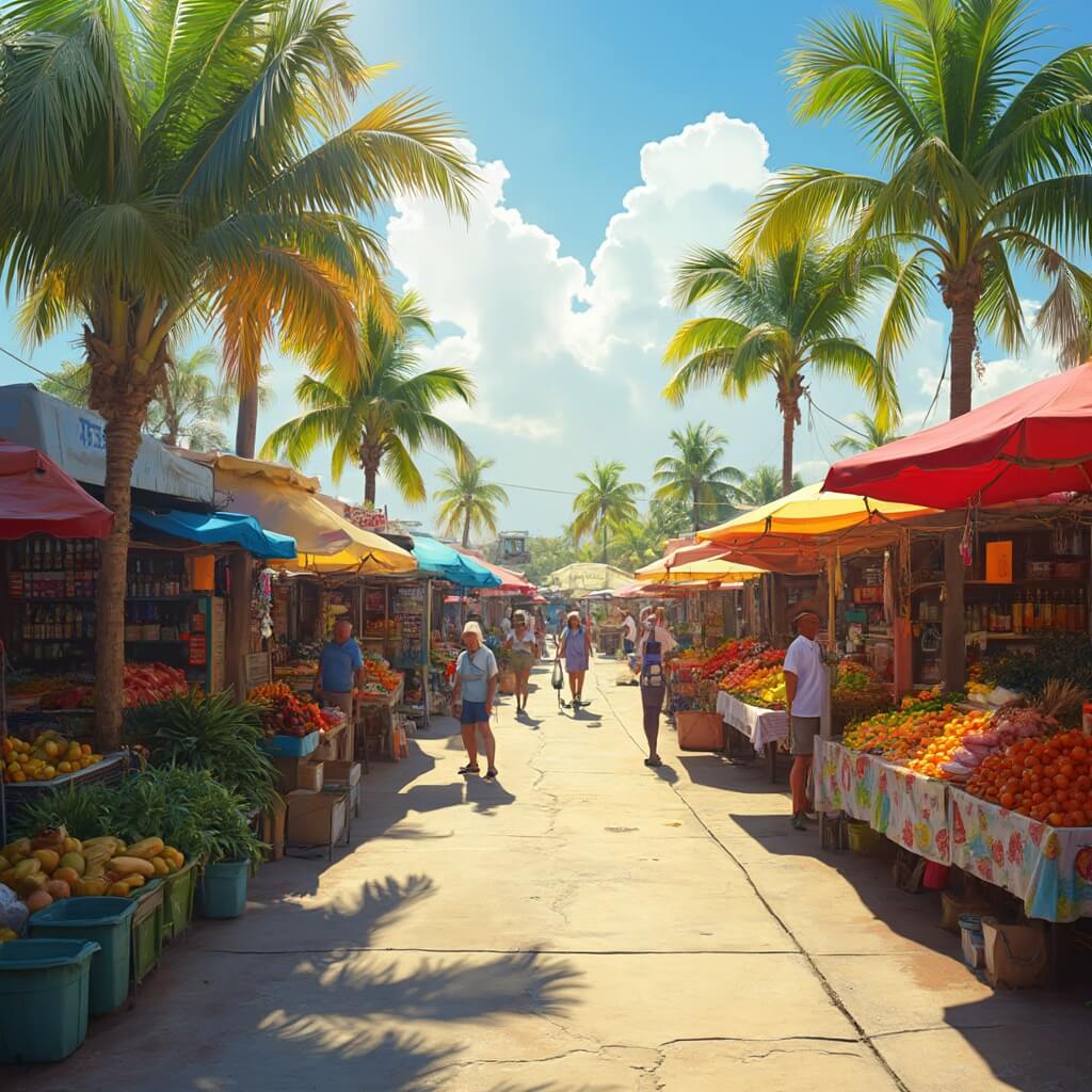 Why Cape Coral in January is Your Ultimate Winter Escape (Without the Winter Chills!) Sunlit farmers market in Florida with colorful produce stalls, local vendors, shoppers, and tropical palm trees in the background
