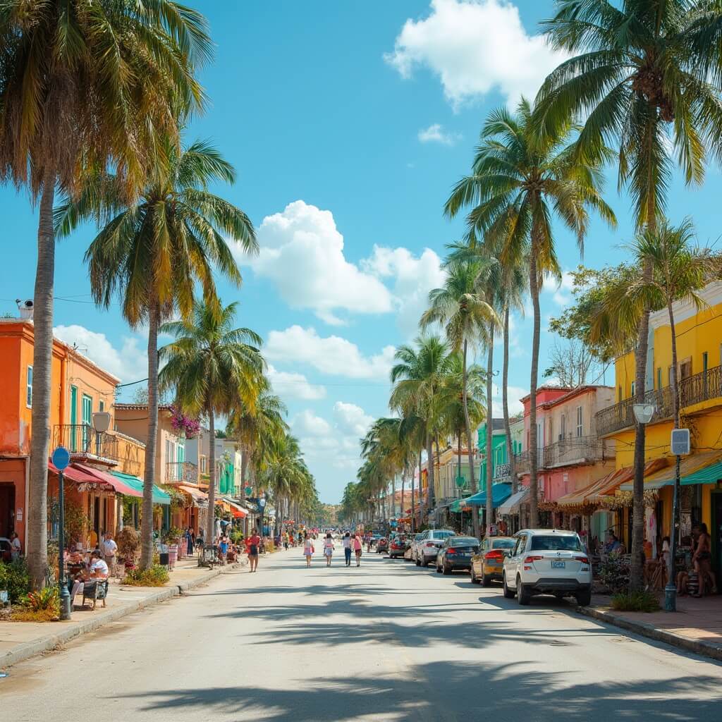 Hialeah in December: Your Ultimate Warm-Weather Winter Escape Cuban-American architecture in vibrant Hialeah neighborhood lined with palm trees, people enjoying outdoor activities under bright sunlight in warm December