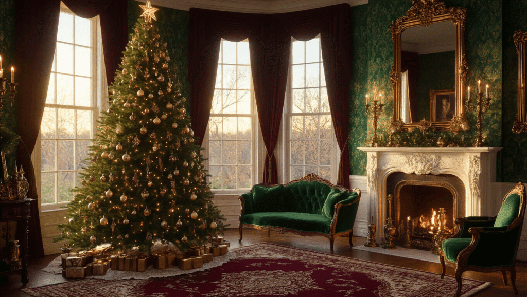 Vintage Christmas Decor: A Nostalgic Journey Through Holiday Styling Photorealistic Victorian parlor at golden hour, featuring a decorated Fraser fir Christmas tree, emerald velvet settee, and ornate fireplace mantel with mercury glass ornaments, all bathed in warm amber light.