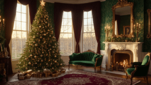 Vintage Christmas Decor: A Nostalgic Journey Through Holiday Styling Photorealistic Victorian parlor at golden hour, featuring a decorated Fraser fir Christmas tree, emerald velvet settee, and ornate fireplace mantel with mercury glass ornaments, all bathed in warm amber light.