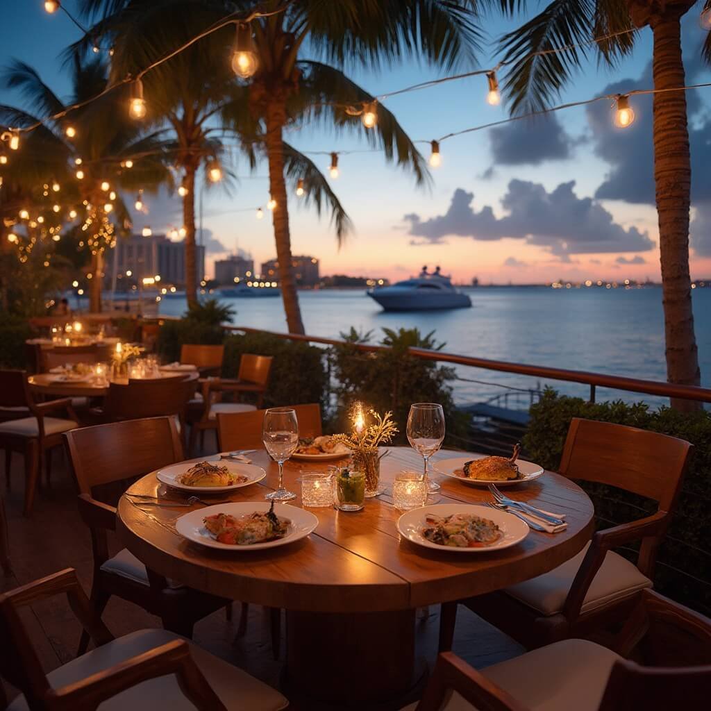 Intimate waterfront restaurant terrace at dusk overlooking Fort Lauderdale's Intracoastal Waterway with string lights, wooden seating, artfully presented seafood on rustic tables, swaying palm trees, cruising luxury yachts, and warm golden hour lighting