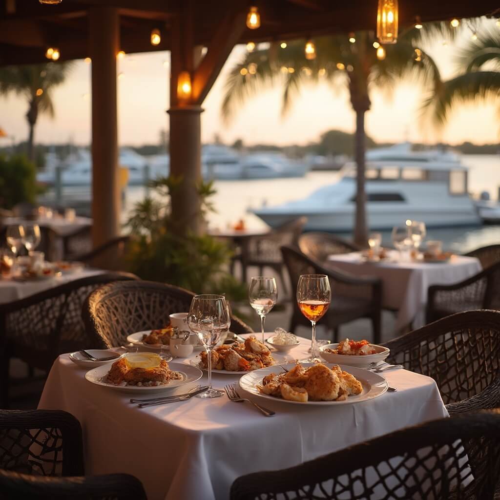 Clearwater Beach in January: Your Ultimate Winter Sun Escape (Without the Crowds!) Intimate outdoor dining at Island Way Grill, waterfront restaurant in Florida, with fresh seafood on table, marina and boats in background, during golden hour