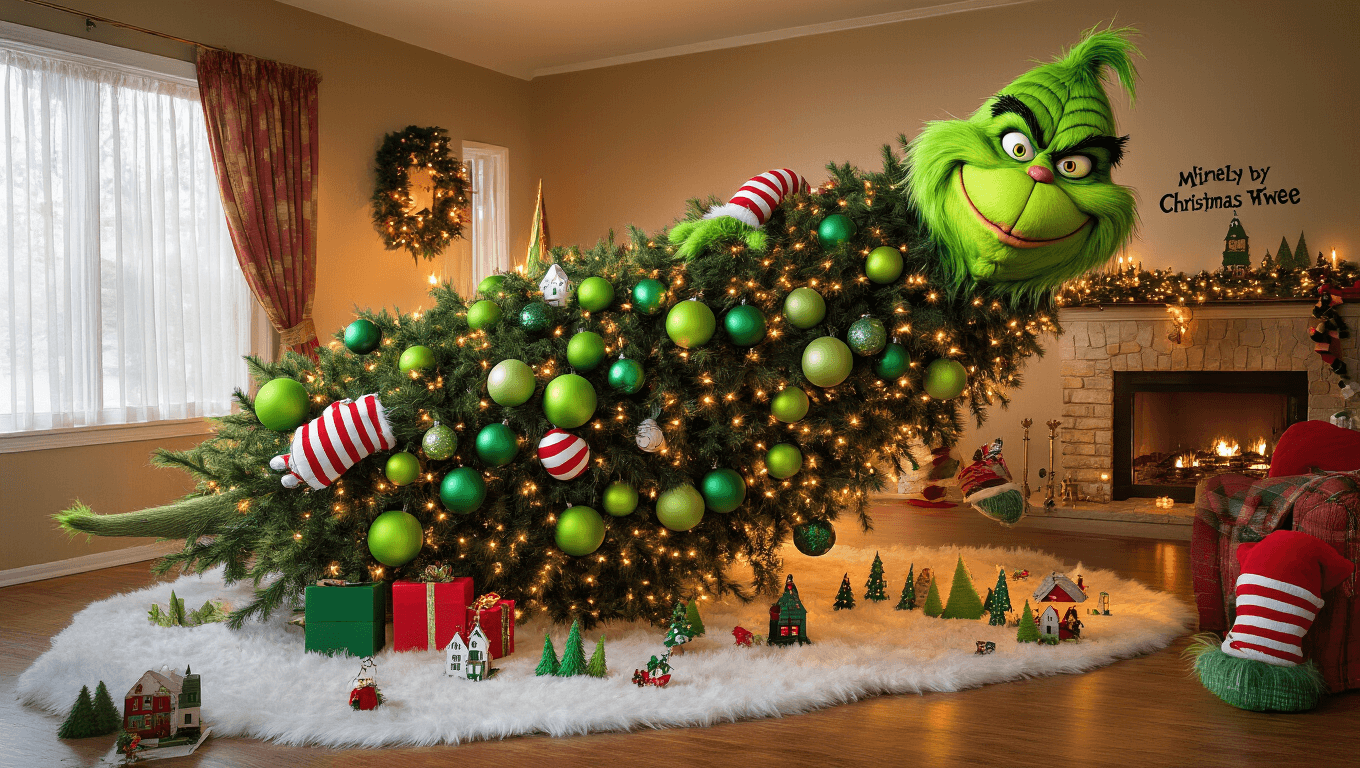 A whimsical 9-foot leaning Christmas tree adorned with oversized green baubles, plush Grinch hands in mittens, and a giant Grinch face topper, set in a modern living room with Victorian windows, featuring twinkling warm lights and a playful atmosphere.