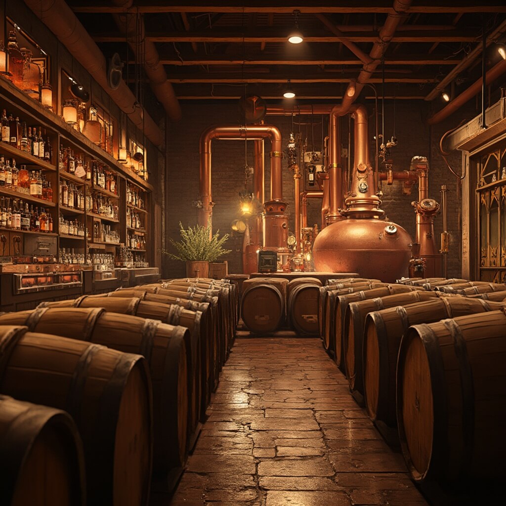 Cape Coral in June: Your Ultimate Subtropical Paradise (With a Few Tropical Twists!) Warmly lit interior of Wicked Dolphin Distillery featuring rows of oak rum barrels, gleaming copper distillation equipment, various spirits in glass containers on wooden shelves, exposed brick walls and wooden beams in an industrial-chic setting, exhibits of artisanal craftsmanship, captured in photorealistic style with dramatic lighting.