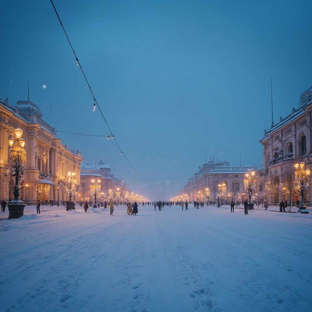 Chasing Winter Magic: The Definitive Guide to St. Petersburg in December Winter dusk at St. Petersburg's Palace Square with snowfall, golden streetlights illuminating the State Hermitage Museum facade, locals in heavy coats crossing the snow-blanketed square, under a deep blue sky