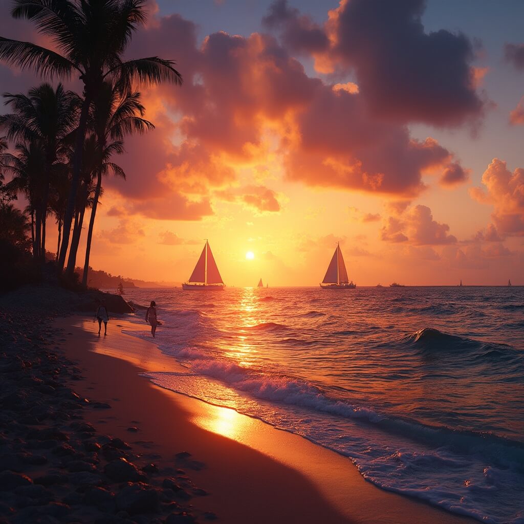 Why Cape Coral in January is Your Ultimate Winter Escape (Without the Winter Chills!) Sunset at Yacht Club Beach with silhouetted palm trees, few beachgoers, anchored sailboats, diving pelicans, and warm golden hour lighting