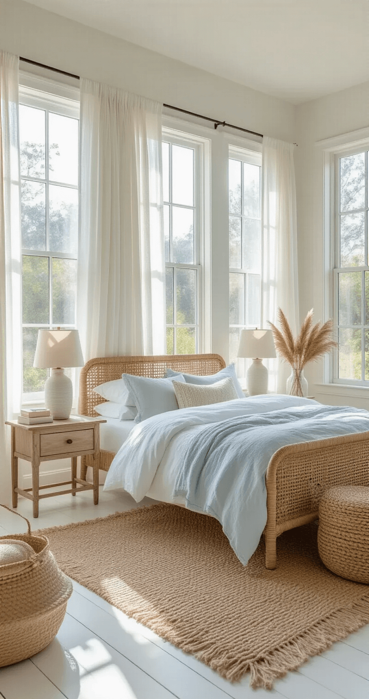 Coastal Granddaughter Room: Your Ultimate Styling Guide to Breezy, Youthful Beach Chic A sunlit bedroom featuring a rattan bed with white and powder blue linens, whitewashed oak floors, and vintage jute rug, illuminated by gauzy curtains and showcasing textural elements like woven baskets, a chunky knit throw, and dried pampas grass in a glass vase.