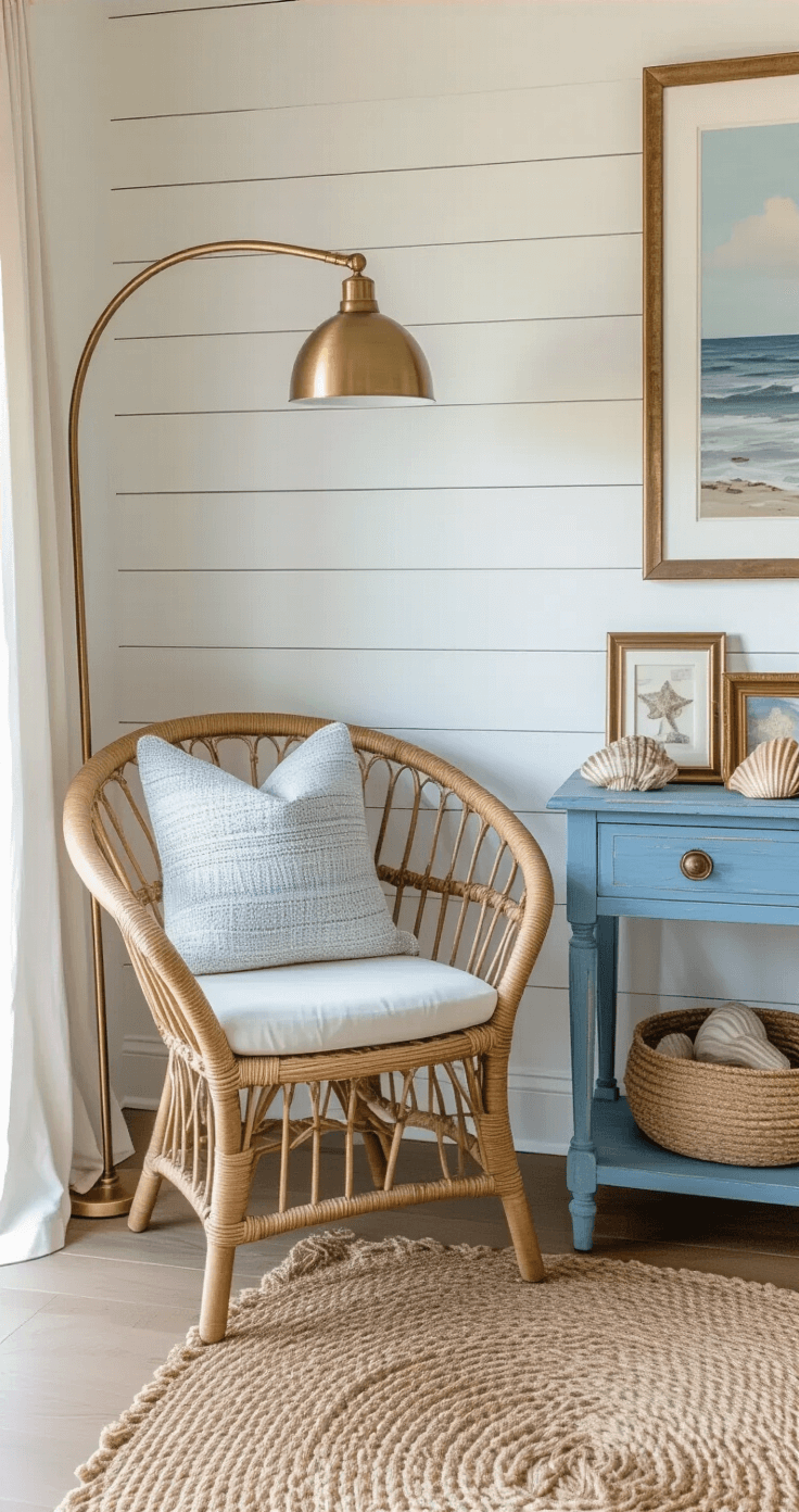 Coastal Granddaughter Room: Your Ultimate Styling Guide to Breezy, Youthful Beach Chic Intimate coastal bedroom corner vignette featuring a curved rattan chair against shiplap walls, a brass floor lamp, a distressed blue side table with vintage frames and shells, a braided jute pouf, and a hand-knotted wool throw, all bathed in warm golden hour light.