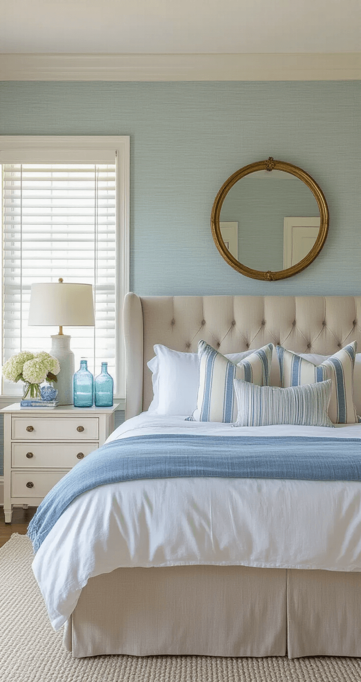 Coastal Granddaughter Room: Your Ultimate Styling Guide to Breezy, Youthful Beach Chic A bright main bedroom with pale blue grasscloth wallpaper and an upholstered wingback headboard, layered bedding in white and coastal tones, a vintage brass mirror above a whitewashed dresser, and decorative elements like coral, blue glass bottles, and fresh hydrangeas, all softly illuminated by afternoon light through white wooden blinds.