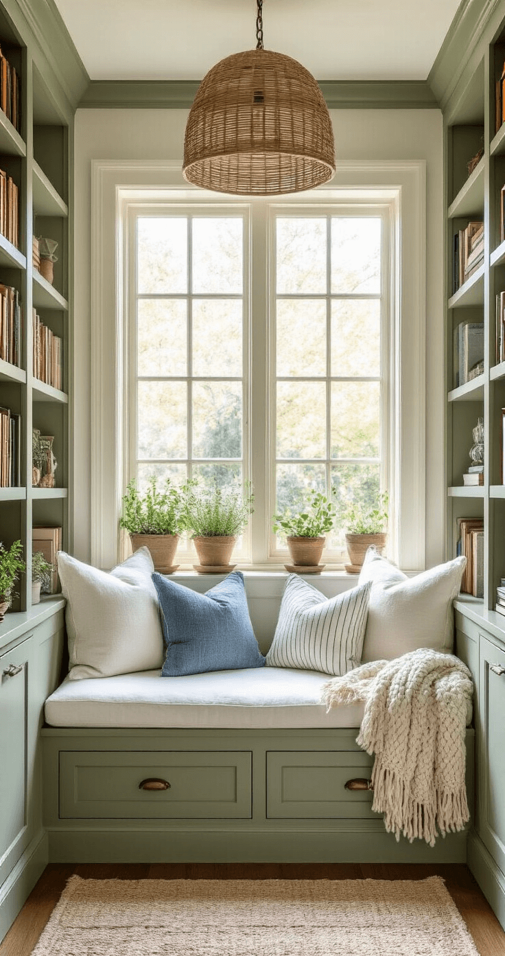Coastal Granddaughter Room: Your Ultimate Styling Guide to Breezy, Youthful Beach Chic A cozy reading nook featuring a sage green built-in window seat with storage drawers, adorned with white linen cushions and vintage blue ticking stripe pillows, surrounded by floor-to-ceiling soft white bookshelves. The space is illuminated by warm late afternoon light and a natural rattan pendant light, with decor elements like stacked vintage books, potted herbs, and a chunky cable knit throw.