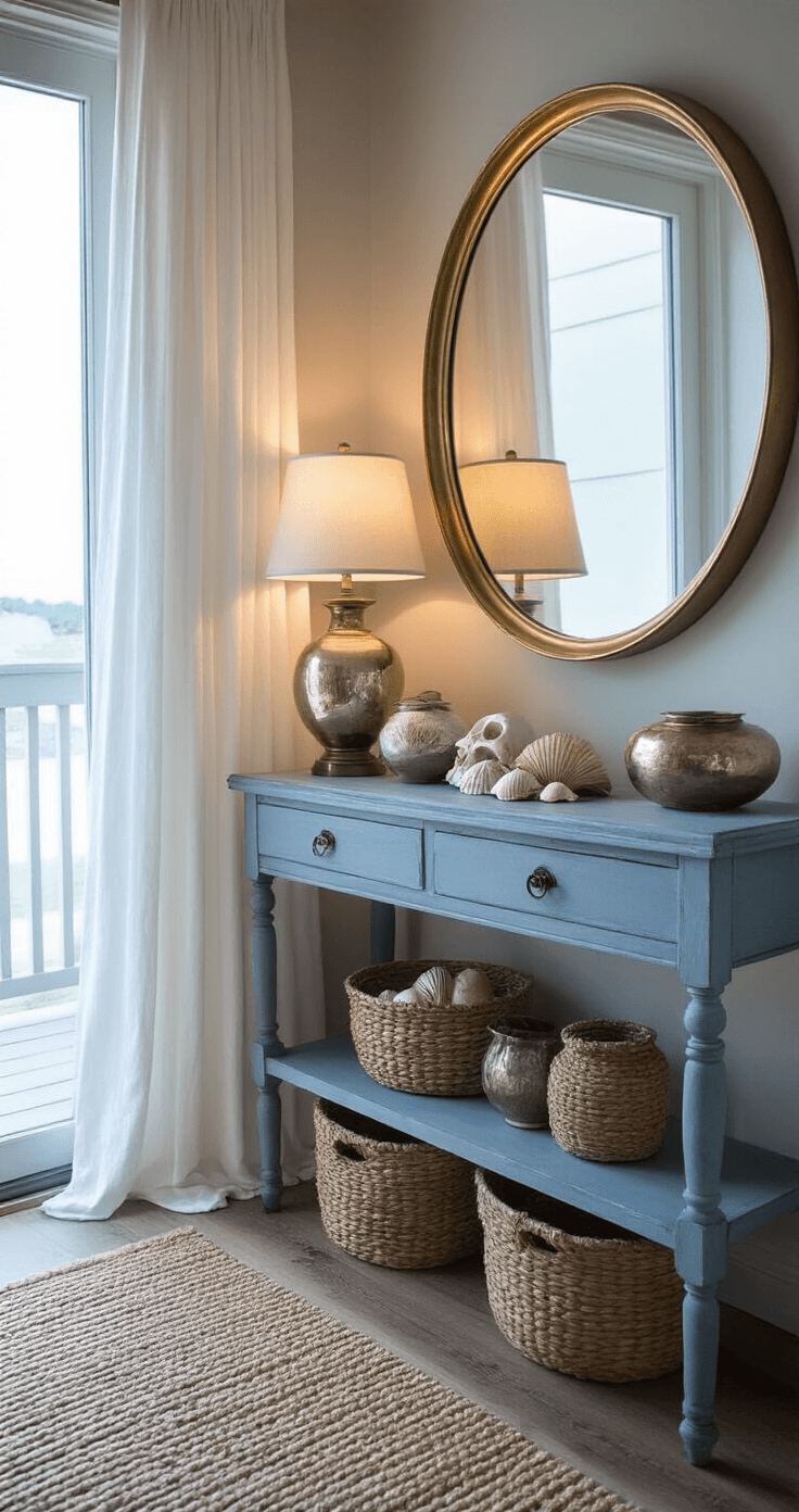 Coastal Granddaughter Room: Your Ultimate Styling Guide to Breezy, Youthful Beach Chic Serene bedroom at dusk with French doors open to a balcony, featuring a vintage blue-grey console table, shells, a round brass mirror, antique mercury glass vessels, a sisal runner, woven baskets, and a macramé wall hanging, all illuminated by warm light.