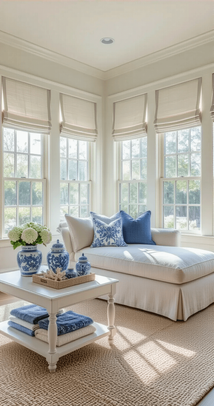 Coastal Granddaughter Room: Your Ultimate Styling Guide to Breezy, Youthful Beach Chic Light-filled primary suite lounging area featuring a slipcovered chaise in natural linen, triple windows with roman shades, and a whitewashed accent table adorned with blue and white ginger jars and fresh flowers, captured from a corner perspective showcasing ceiling height and architectural details, styled with vintage quilts, mixed blue and white pillows, and collected coral specimens.