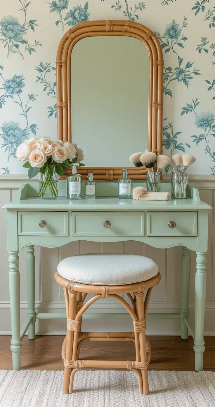 Coastal Granddaughter Room: Your Ultimate Styling Guide to Breezy, Youthful Beach Chic A soft morning light illuminates an intimate dressing area featuring a vintage pale sage green vanity, bamboo-framed mirror, and rattan stool with a linen cushion. The scene is styled with mercury glass perfume bottles, silver-backed brushes, and fresh garden roses in a milk glass vase, all set against delicate blue botanical wallpaper.