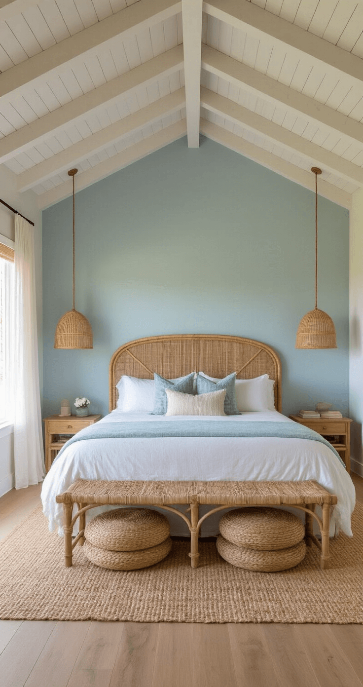 Crafting the Perfect Florida Home Interior: Your Ultimate Styling Guide Master bedroom retreat at golden hour, featuring vaulted ceilings with whitewashed beams, a king-sized bed with white linens and textured bamboo headboard, coastal blue accent wall, woven pendant lights, jute poufs, and a vintage rattan bench, all bathed in warm, filtered light through gauzy curtains, with a focus on layered bedding textures.