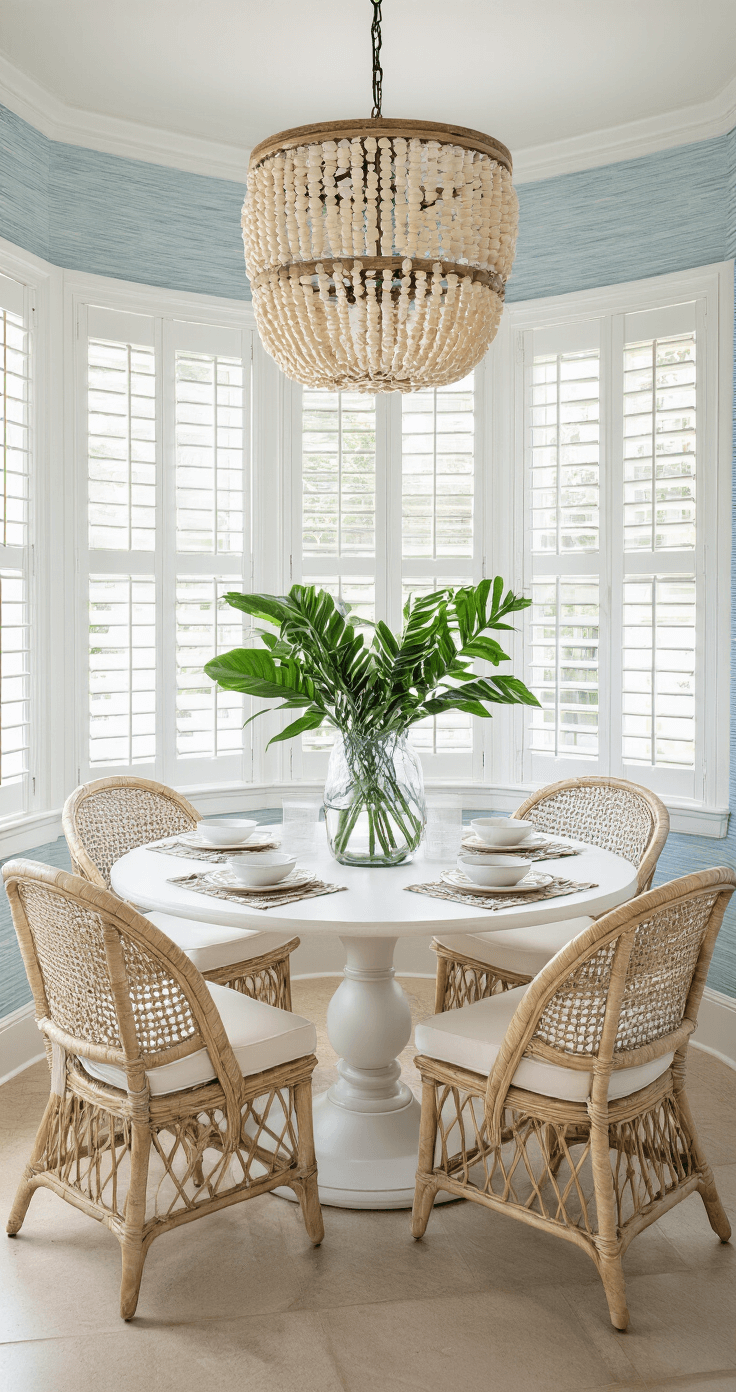 Crafting the Perfect Florida Home Interior: Your Ultimate Styling Guide Airy Florida breakfast nook featuring a round whitewashed table with four curved rattan chairs, large bay window with plantation shutters, oversized glass vase with tropical foliage, pale blue grasscloth wallpaper, and a suspended capiz shell chandelier, all captured in early morning light.