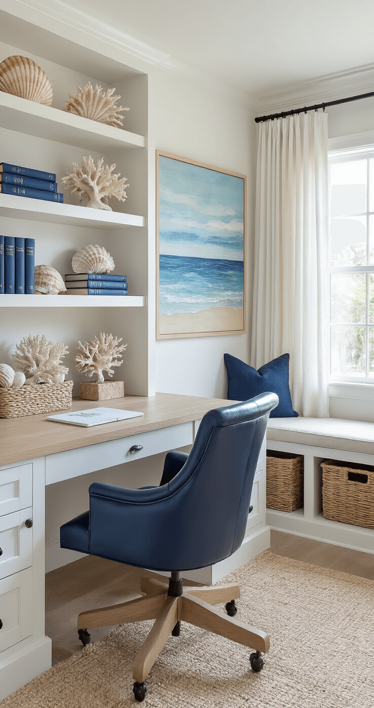 Crafting the Perfect Florida Home Interior: Your Ultimate Styling Guide A coastal-inspired home office featuring built-in white shelving with shells and blue-bound books, a light oak desk facing windows with gauzy curtains, and a navy leather office chair. Abstract ocean artwork decorates the walls, and woven baskets are stored beneath a window seat, all captured in mid-afternoon lighting.