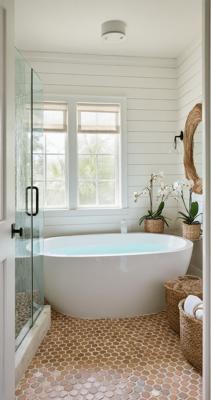 Crafting the Perfect Florida Home Interior: Your Ultimate Styling Guide Luxurious Florida bathroom featuring a freestanding oval soaking tub beneath a frosted window, marble hexagon floor tiles in warm sand tones, a glass shower enclosure with pebble flooring, a white shiplap accent wall with a mounted driftwood mirror, and organic touches like woven storage baskets and potted orchids, captured from the doorway in morning light.