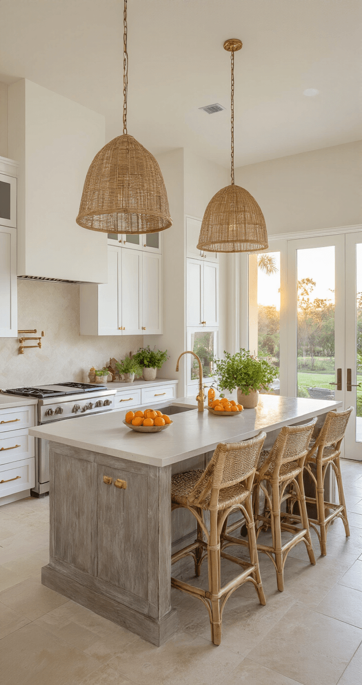 Crafting the Perfect Florida Home Interior: Your Ultimate Styling Guide Open concept kitchen-dining space featuring white shaker cabinets, brass hardware, and sandy beige quartzite countertops, with a large island and weathered gray oak base. The space includes rattan barstools and oversized glass doors leading to the lanai, all illuminated by warm golden hour light during sunset, decorated with citrus fruit bowls and fresh herbs.