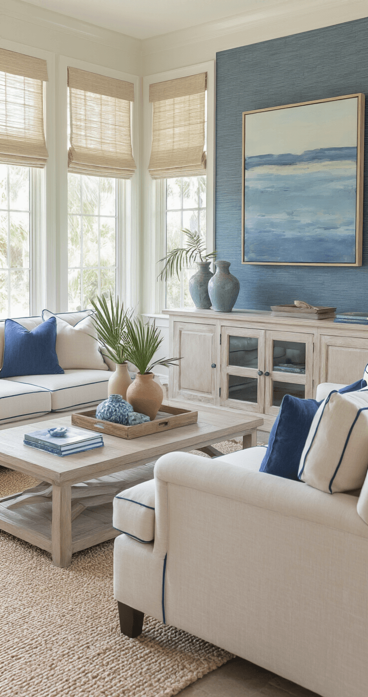 Crafting the Perfect Florida Home Interior: Your Ultimate Styling Guide A spacious Florida family room featuring a coastal-inspired entertainment unit, an oatmeal performance fabric sectional with navy piping, natural fiber roman shades, and a coral and blue abstract canvas, accented by ceramic vases with palm fronds, captured from a corner view.