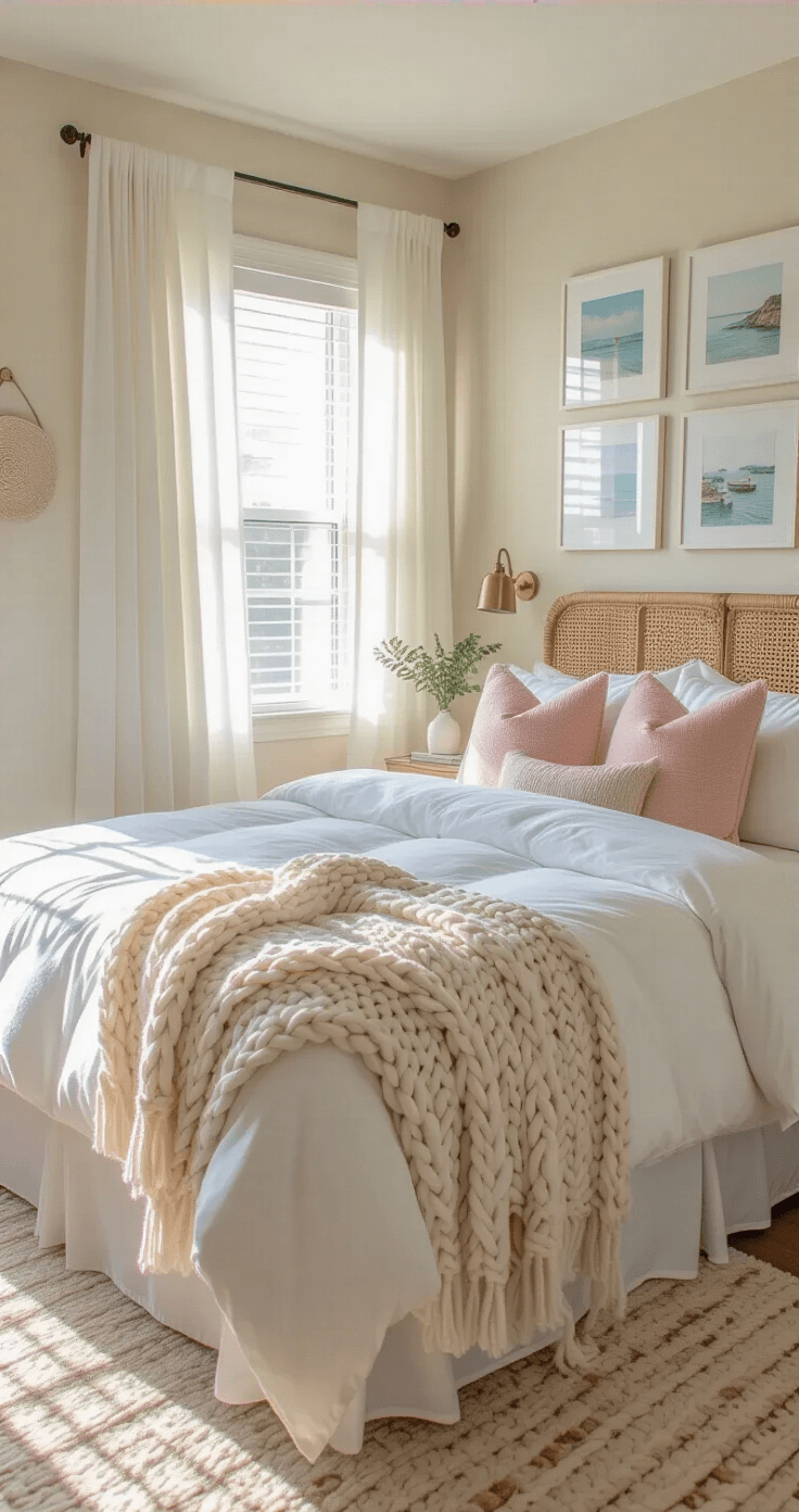Coastal Granddaughter Dorm Room: Your Ultimate Styling Guide A sunlit dorm room featuring a neatly made bed with white linens and blush pink pillows, rattan headboard, and coastal art on the walls, viewed from a wide angle.