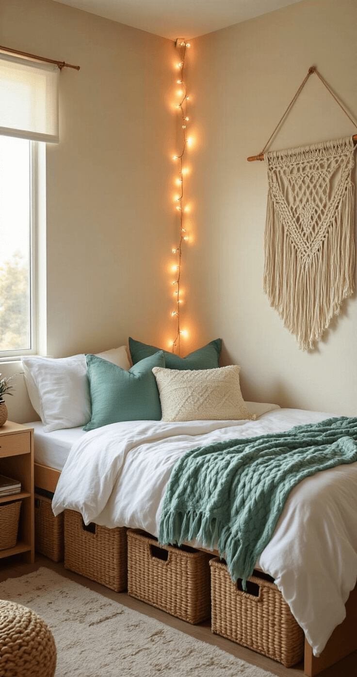 Coastal Granddaughter Dorm Room: Your Ultimate Styling Guide A cozy dorm room corner featuring a plush twin XL bed with white bedding and seafoam green accents, adorned by a macramé wall hanging, woven storage baskets under the bed, and copper string lights glowing warmly during golden hour.