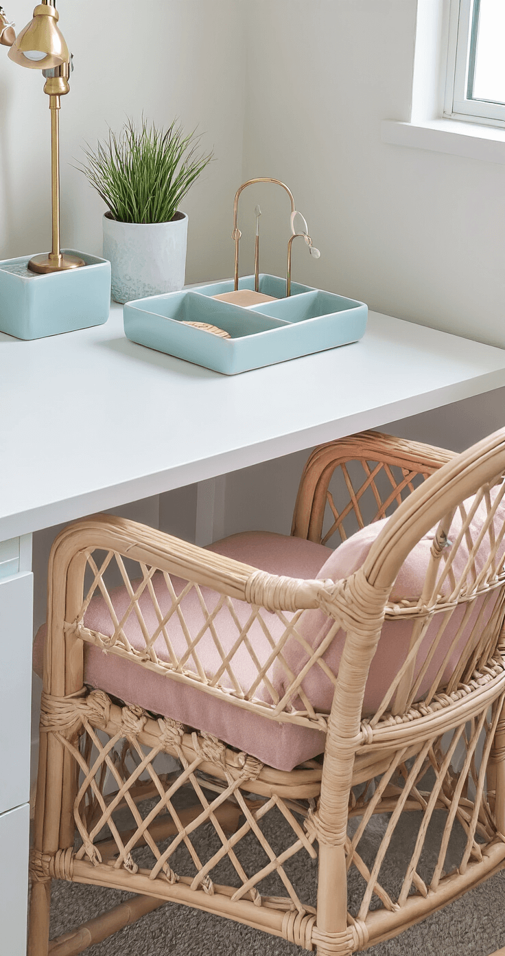 Coastal Granddaughter Dorm Room: Your Ultimate Styling Guide Intimate dorm desk vignette featuring a white lacquered desk with a pale blue ceramic organizer, brass accessories, and a potted coastal grass, complemented by a rattan chair with a blush pink cushion, illuminated by natural light.