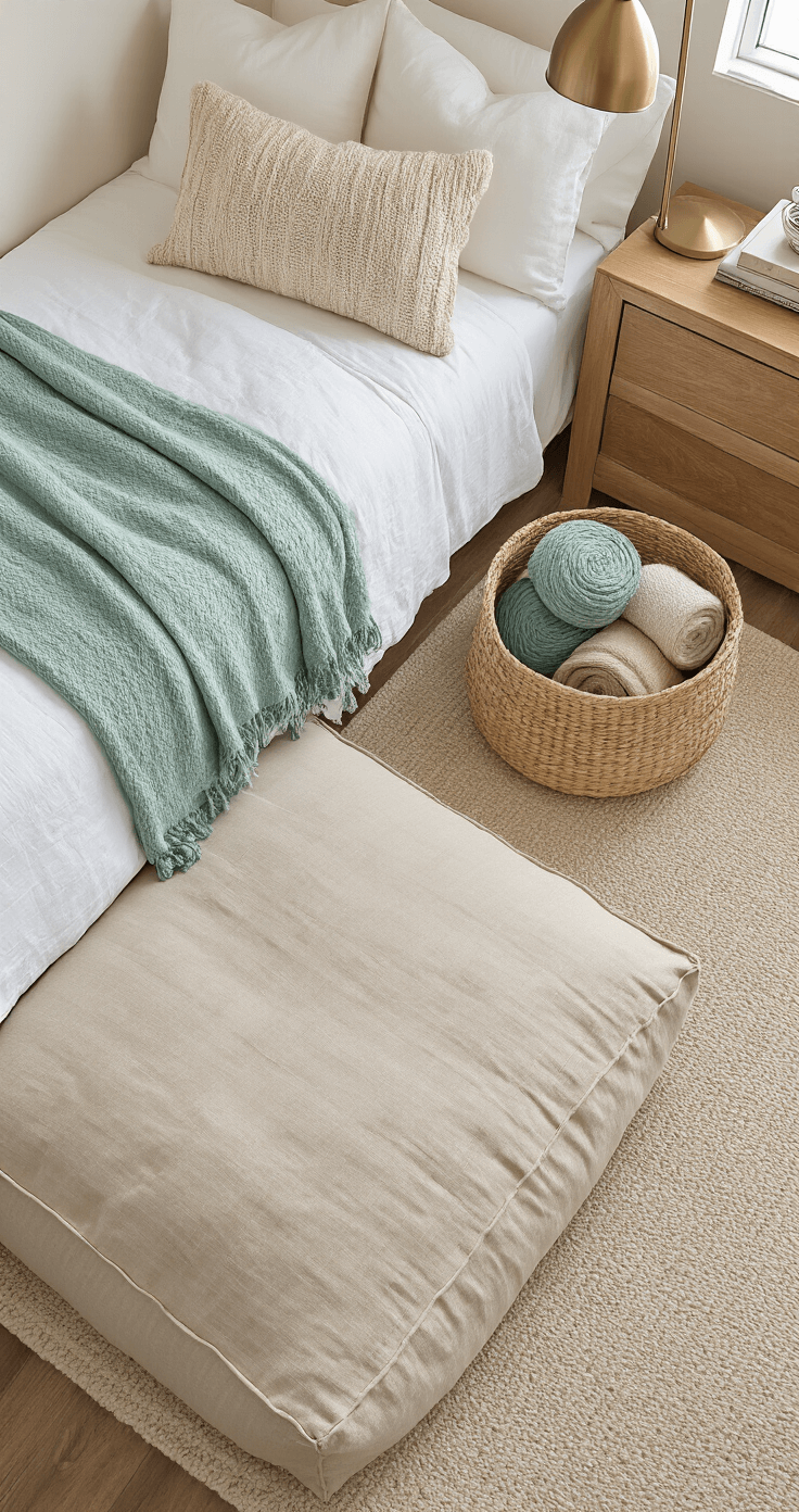 Coastal Granddaughter Dorm Room: Your Ultimate Styling Guide Bird's eye view of a stylish dorm room corner showcasing a reading nook with a sandy beige linen floor cushion, a brushed brass floor lamp, and three woven baskets filled with rolled throws in sea glass green and cream, all illuminated by soft overhead lighting.